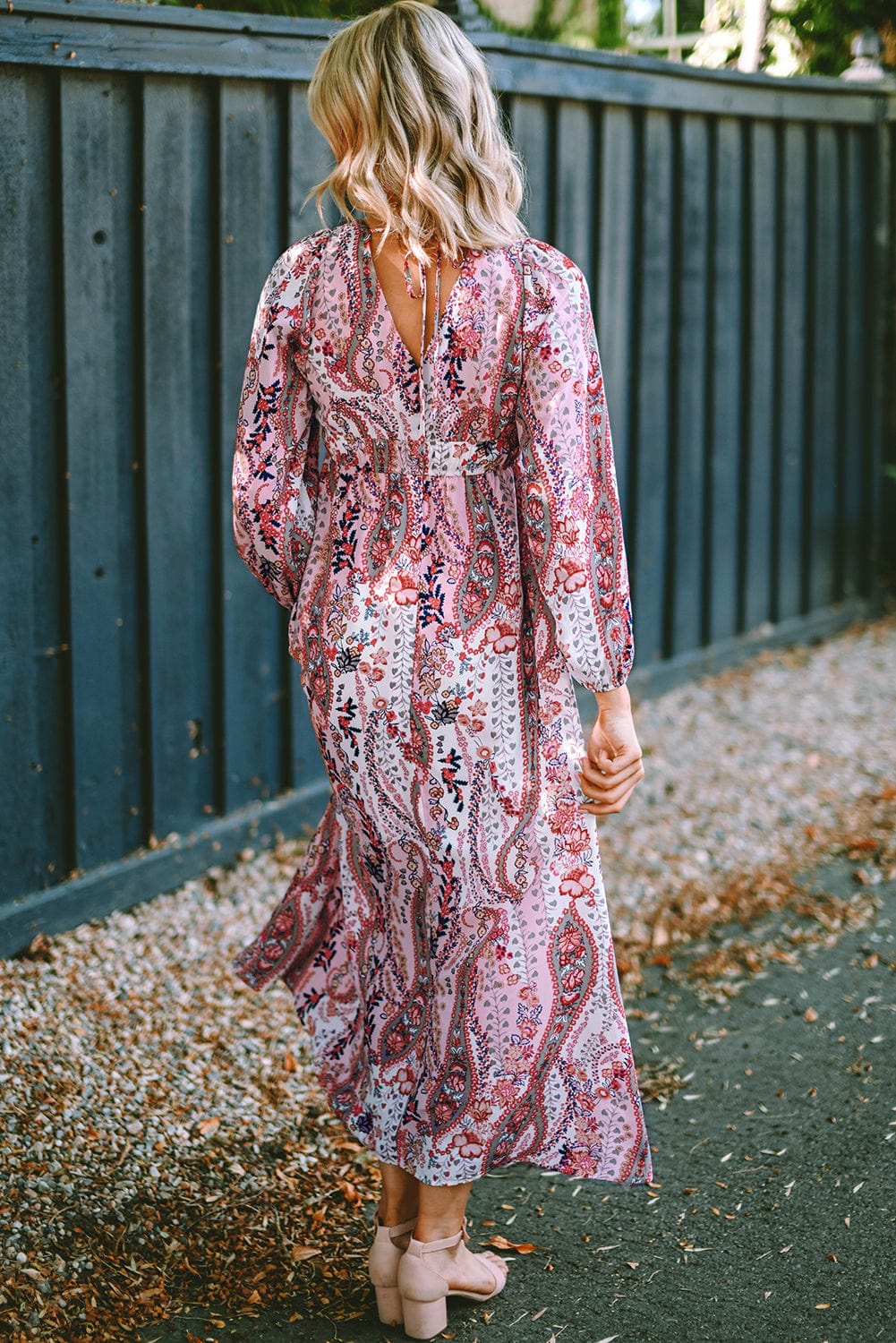 Bohemian Paisley Print V Neck Long Sleeve Maxi Dress with Empire Waist