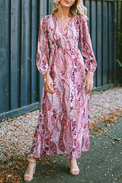 Bohemian Paisley Print V Neck Long Sleeve Maxi Dress with Empire Waist