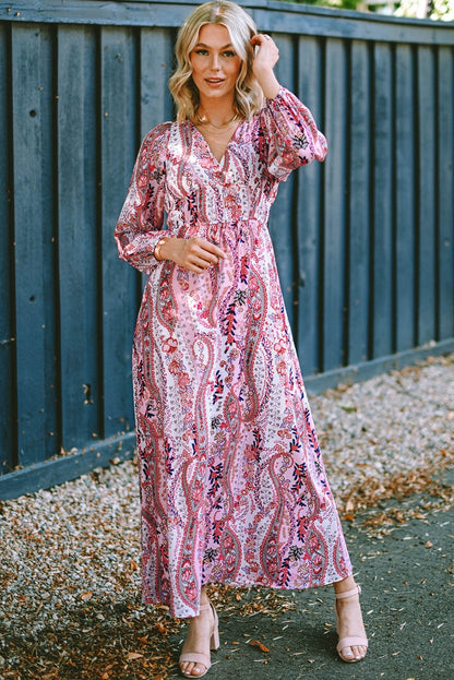 Bohemian Paisley Print V Neck Long Sleeve Maxi Dress with Empire Waist