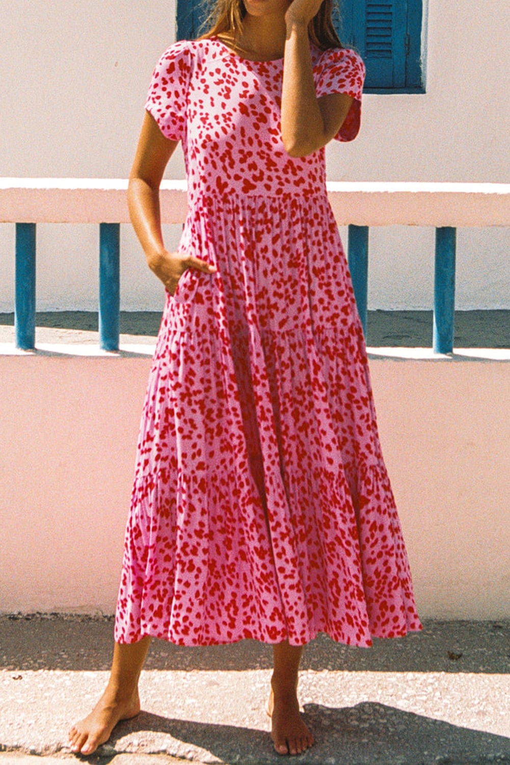 Bohemian Pink Flare Tiered Maxi Dress with Short Sleeves