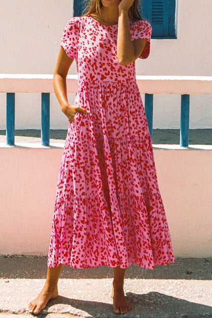 Bohemian Pink Flare Tiered Maxi Dress with Short Sleeves