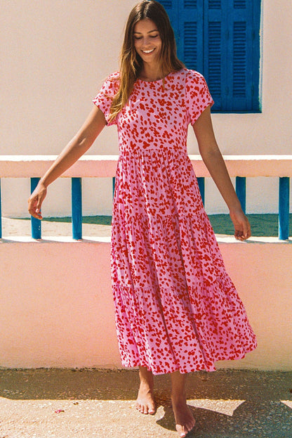 Bohemian Pink Flare Tiered Maxi Dress with Short Sleeves