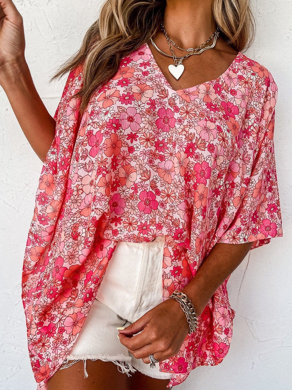 Bohemian Pink Floral Kimono Sleeve Blouse