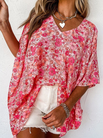 Bohemian Pink Floral Kimono Sleeve Blouse