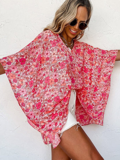 Bohemian Pink Floral Kimono Sleeve Blouse