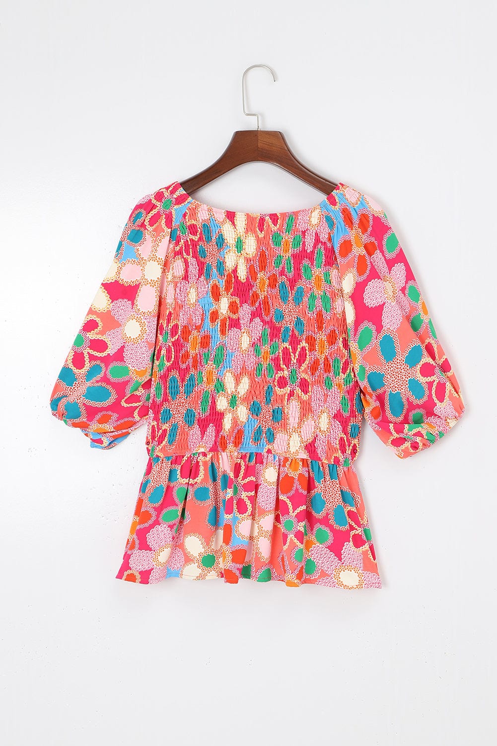 Bohemian Pink Floral Print Puff Sleeve Peplum Blouse
