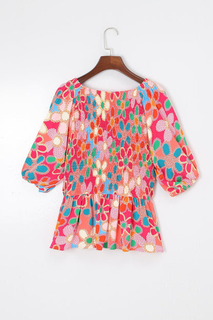 Bohemian Pink Floral Print Puff Sleeve Peplum Blouse