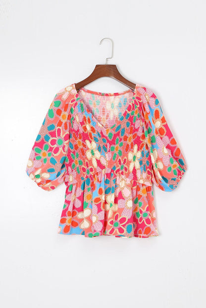 Bohemian Pink Floral Print Puff Sleeve Peplum Blouse