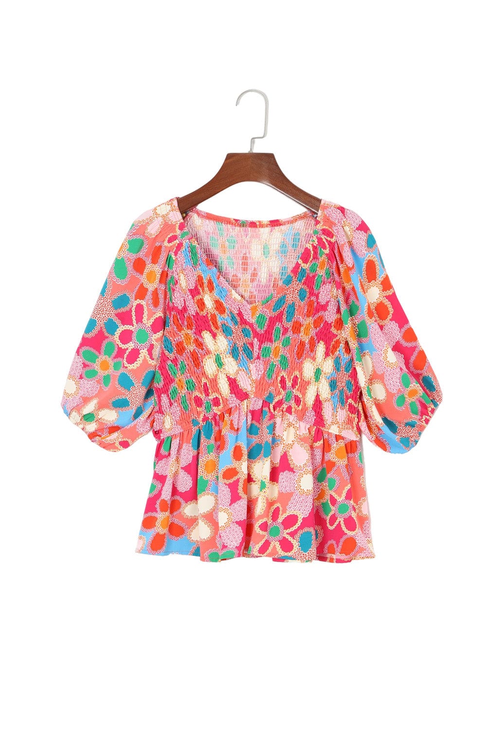 Bohemian Pink Floral Print Puff Sleeve Peplum Blouse