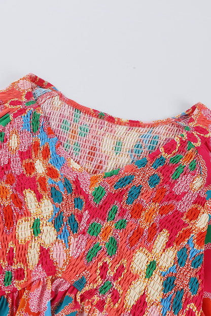 Bohemian Pink Floral Print Puff Sleeve Peplum Blouse