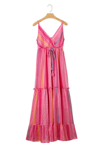 Bohemian Pink Geometric Print Maxi Dress with Tassel Detail