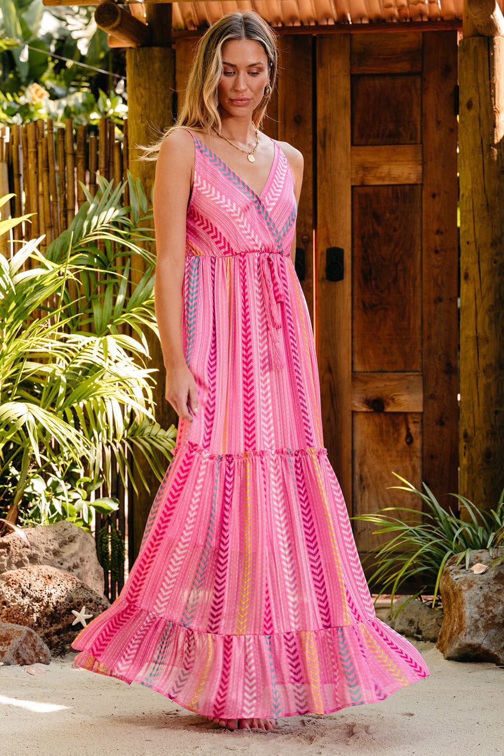 Bohemian Pink Geometric Print Maxi Dress with Tassel Detail