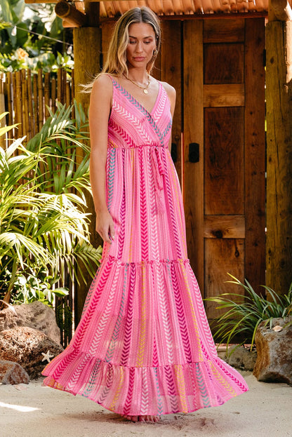 Bohemian Pink Geometric Print Maxi Dress with Tassel Detail