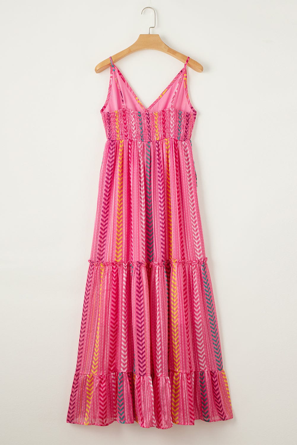 Bohemian Pink Geometric Print Maxi Dress with Tassel Detail