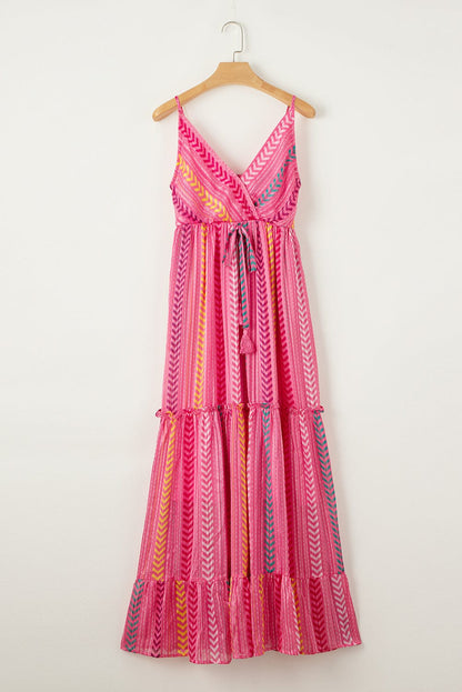 Bohemian Pink Geometric Print Maxi Dress with Tassel Detail
