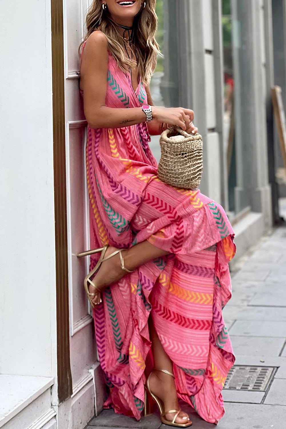 Bohemian Pink Geometric Print Maxi Dress with Tassel Detail