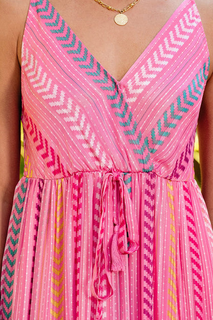 Bohemian Pink Geometric Print Maxi Dress with Tassel Detail