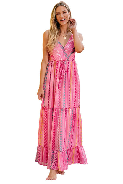 Bohemian Pink Geometric Print Maxi Dress with Tassel Detail