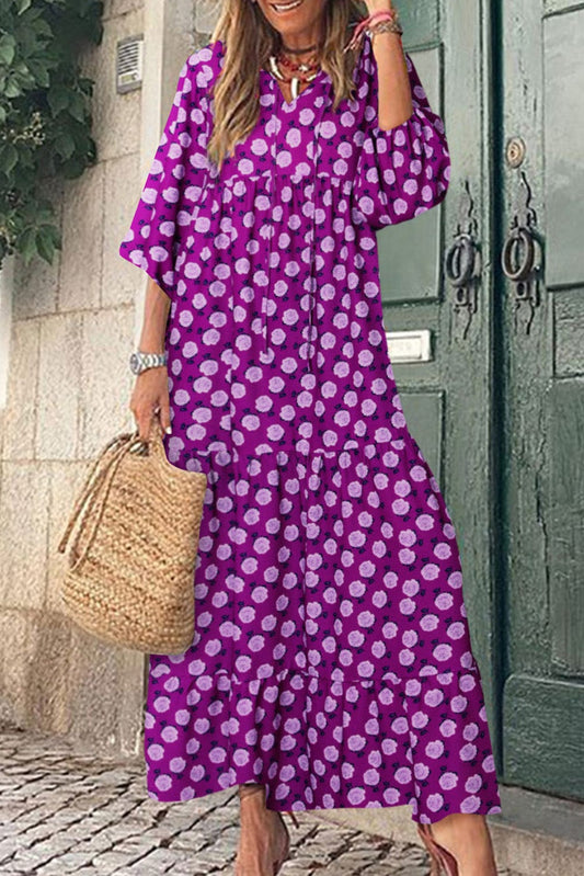 Bohemian Purple Printed Maxi Dress with Puff Sleeves