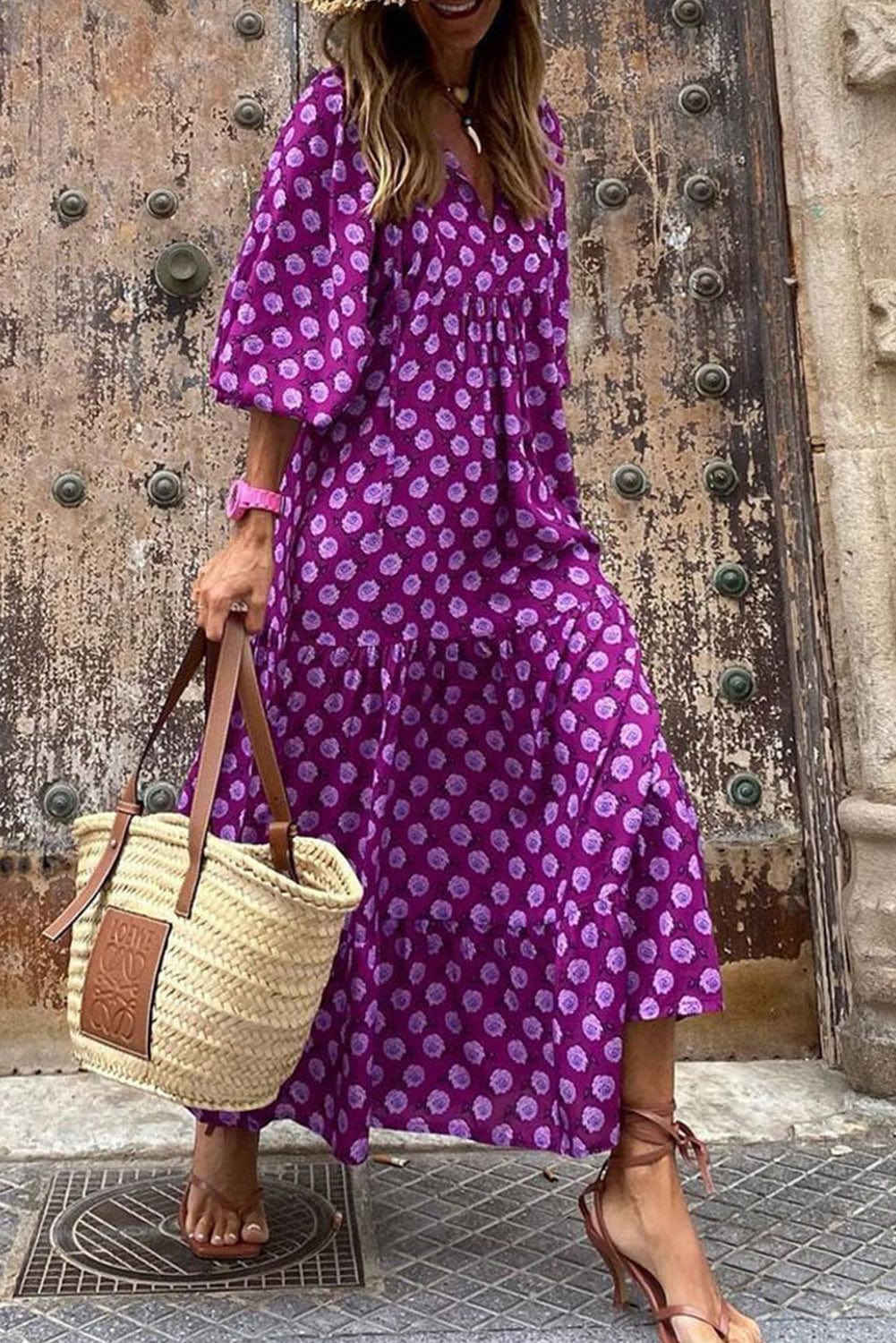 Bohemian Purple Printed Maxi Dress with Puff Sleeves