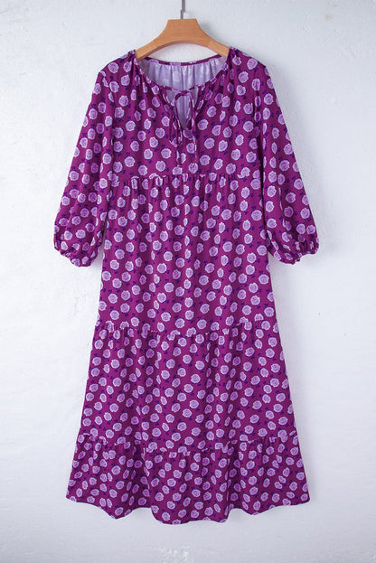 Bohemian Purple Printed Maxi Dress with Puff Sleeves
