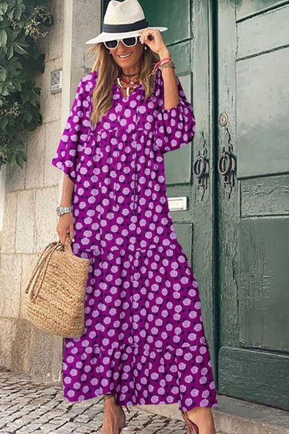 Bohemian Purple Printed Maxi Dress with Puff Sleeves