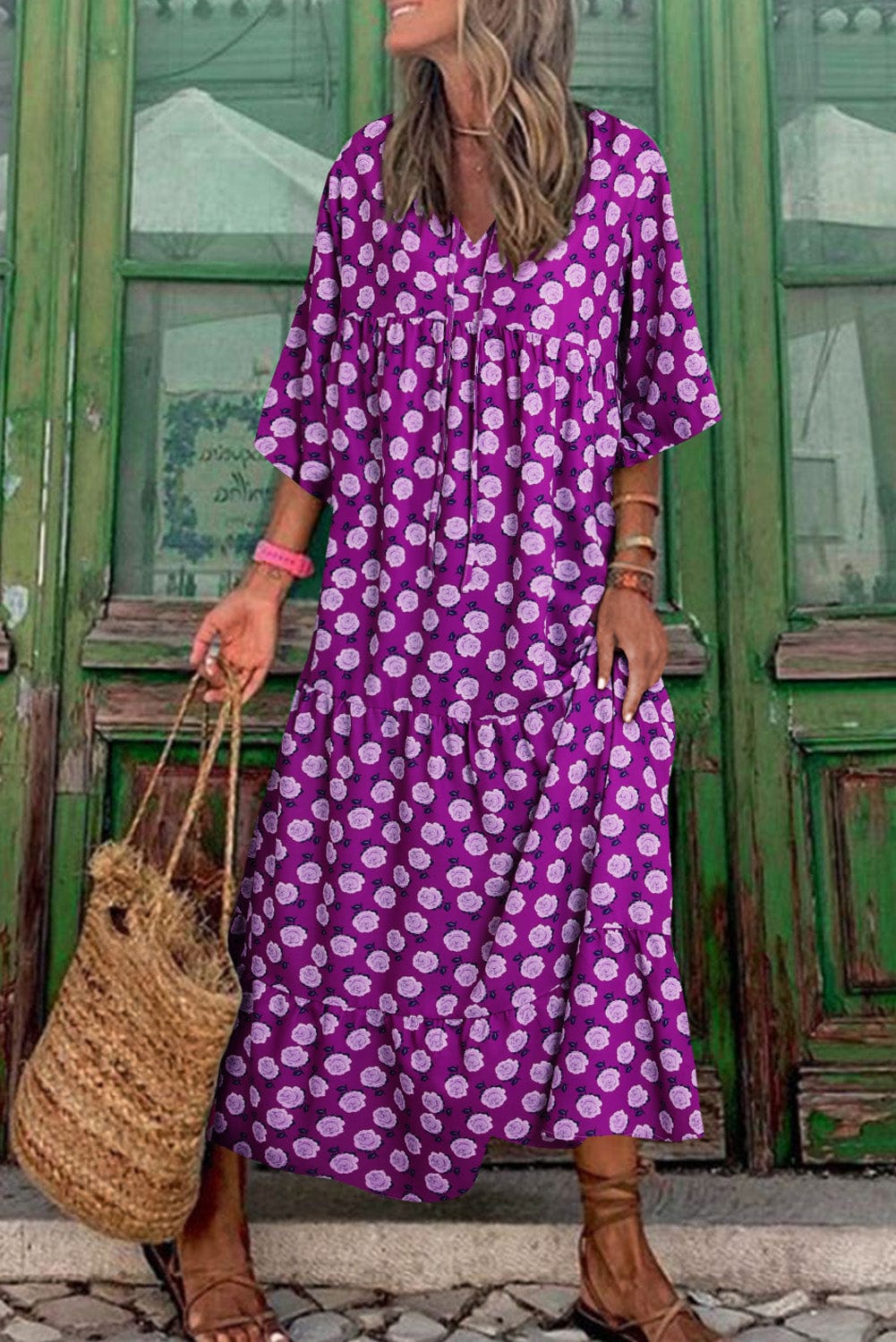 Bohemian Purple Printed Maxi Dress with Puff Sleeves