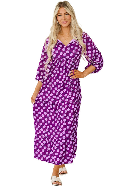Bohemian Purple Printed Maxi Dress with Puff Sleeves
