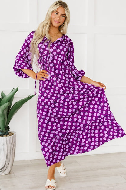 Bohemian Purple Printed Maxi Dress with Puff Sleeves