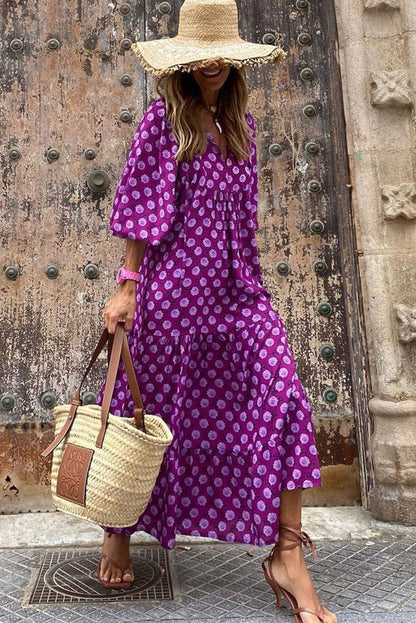 Bohemian Purple Printed Maxi Dress with Puff Sleeves