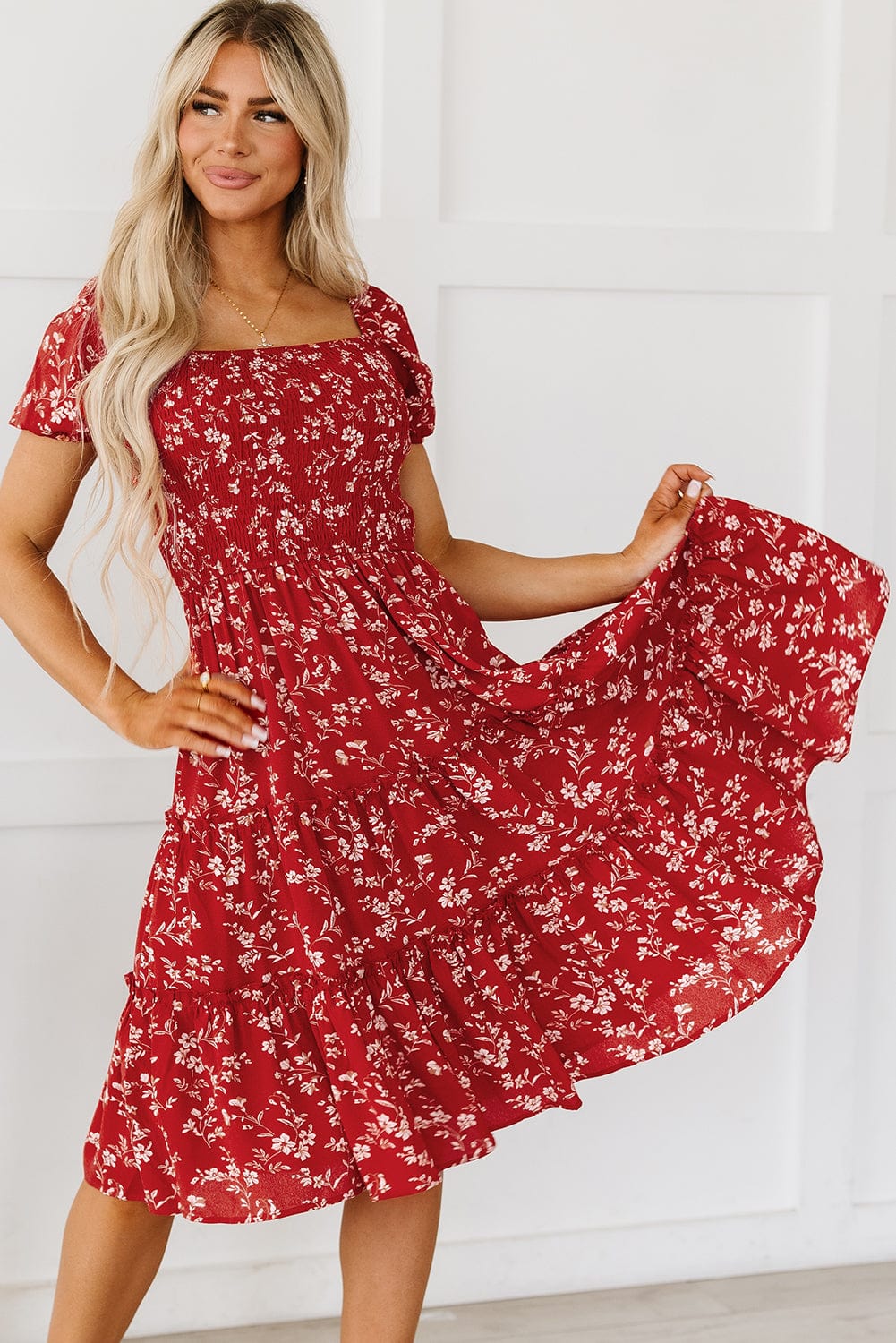 Bohemian Red Floral Midi Dress with Square Neck and Tiered Silhouette