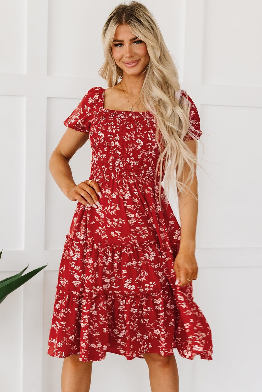 Bohemian Red Floral Midi Dress with Square Neck and Tiered Silhouette