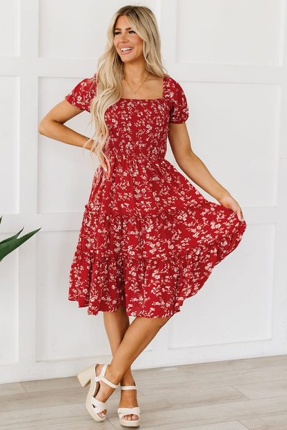 Bohemian Red Floral Midi Dress with Square Neck and Tiered Silhouette