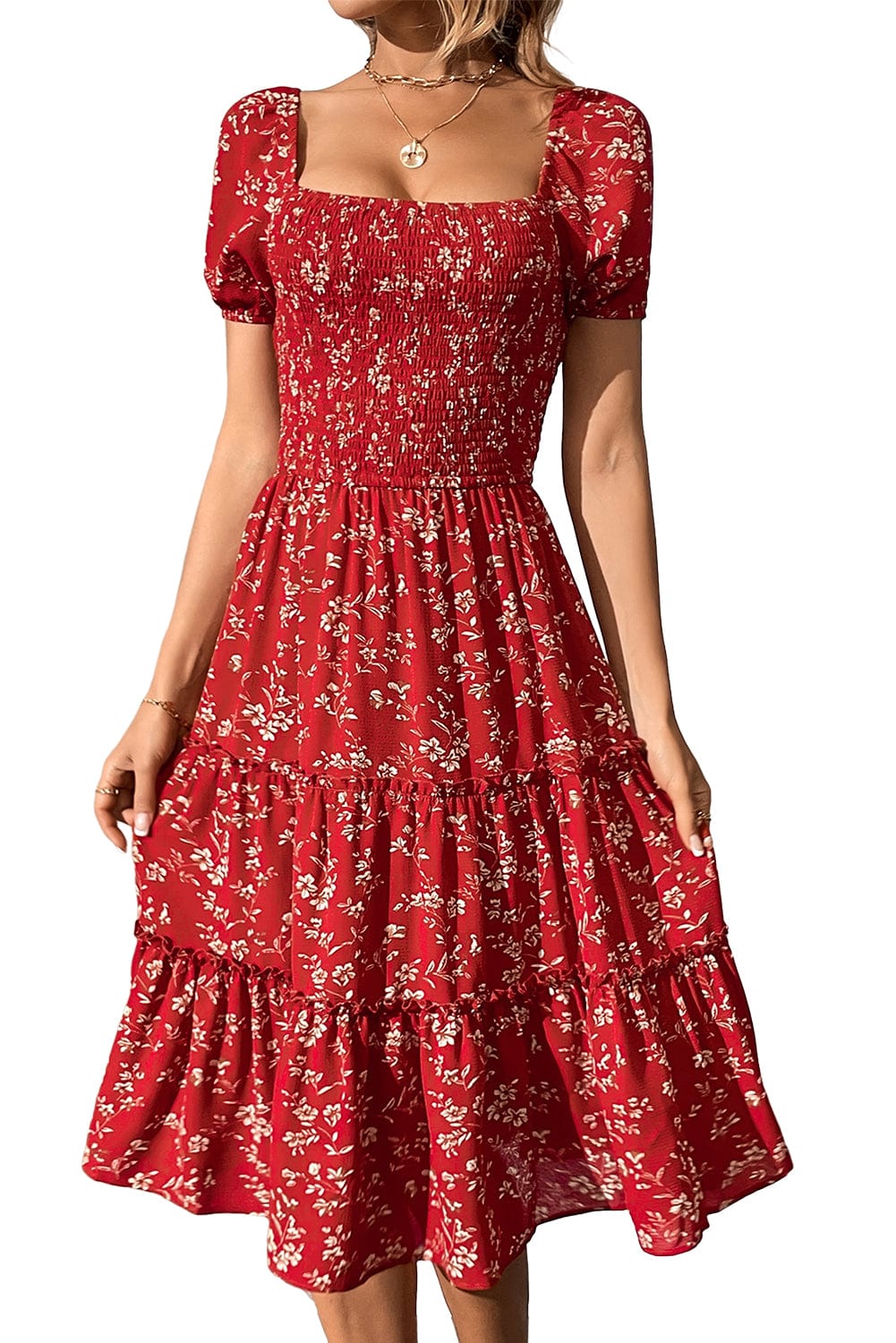 Bohemian Red Floral Midi Dress with Square Neck and Tiered Silhouette