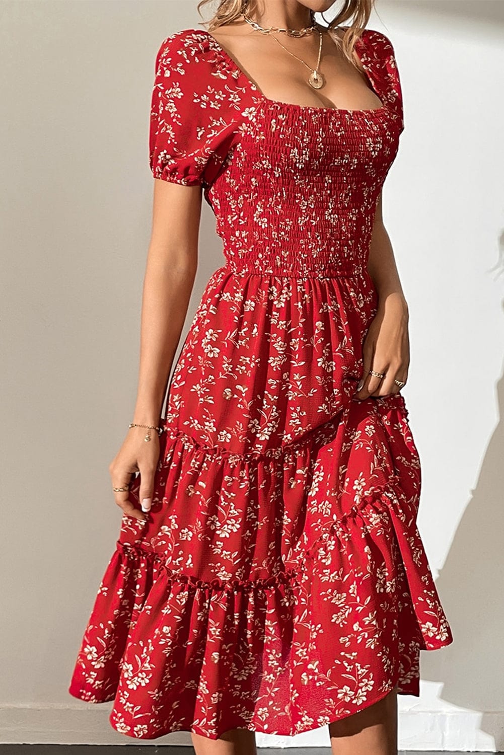 Bohemian Red Floral Midi Dress with Square Neck and Tiered Silhouette