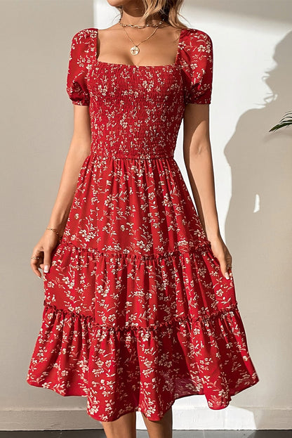 Bohemian Red Floral Midi Dress with Square Neck and Tiered Silhouette
