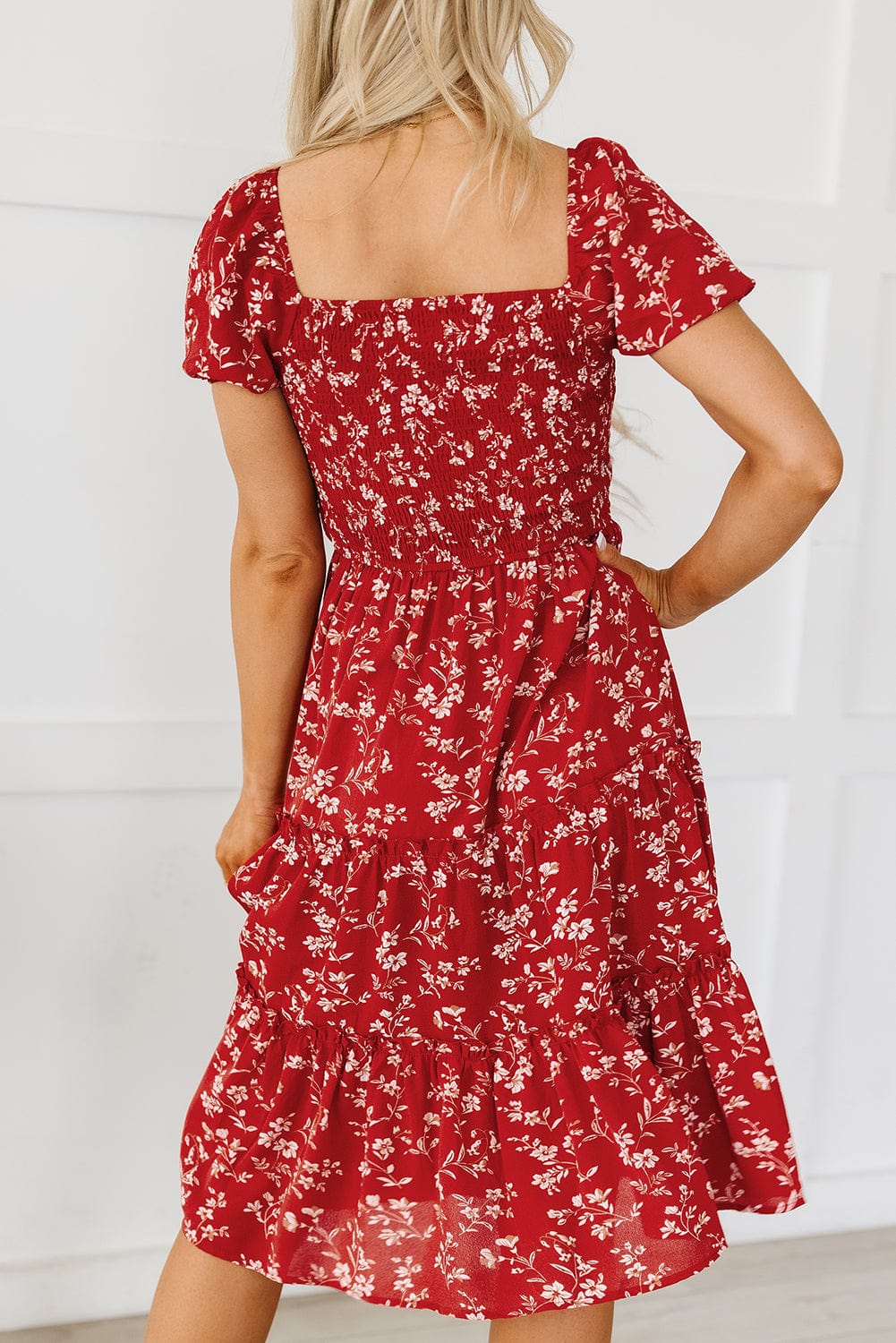Bohemian Red Floral Midi Dress with Square Neck and Tiered Silhouette