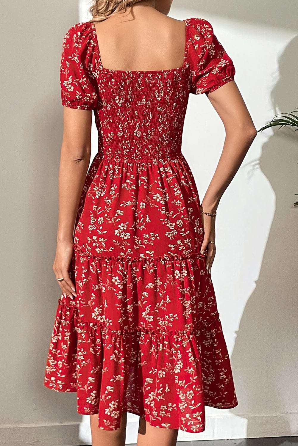 Bohemian Red Floral Midi Dress with Square Neck and Tiered Silhouette