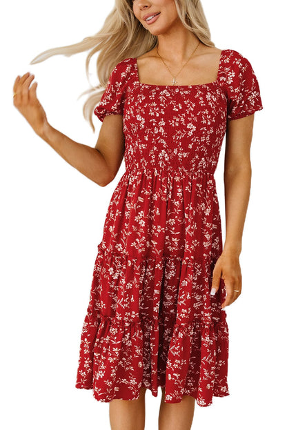 Bohemian Red Floral Midi Dress with Square Neck and Tiered Silhouette