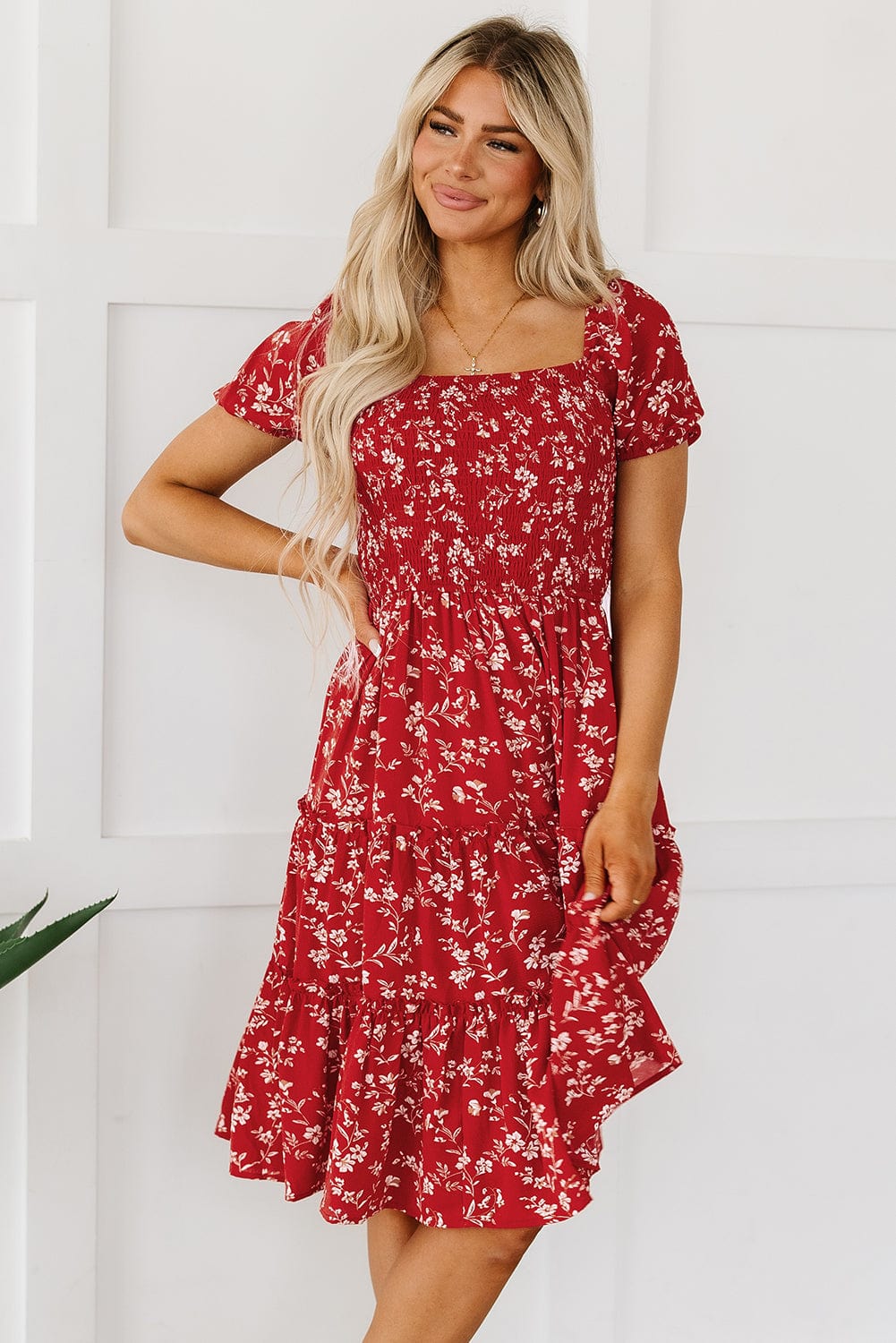 Bohemian Red Floral Midi Dress with Square Neck and Tiered Silhouette