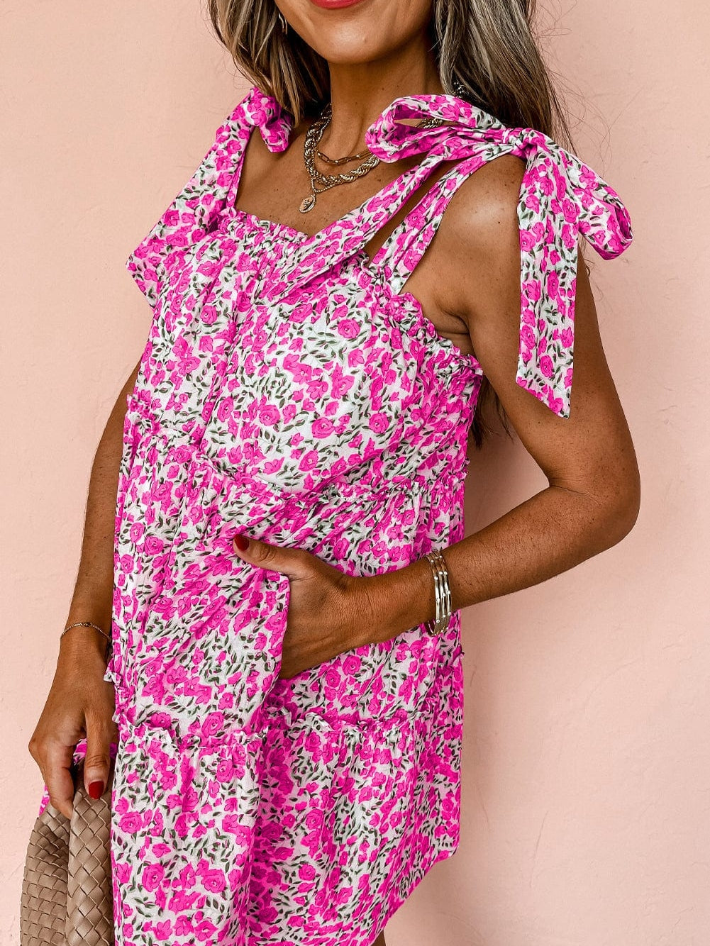 Bohemian Rose Floral Tiered Babydoll Dress with Knotted Straps