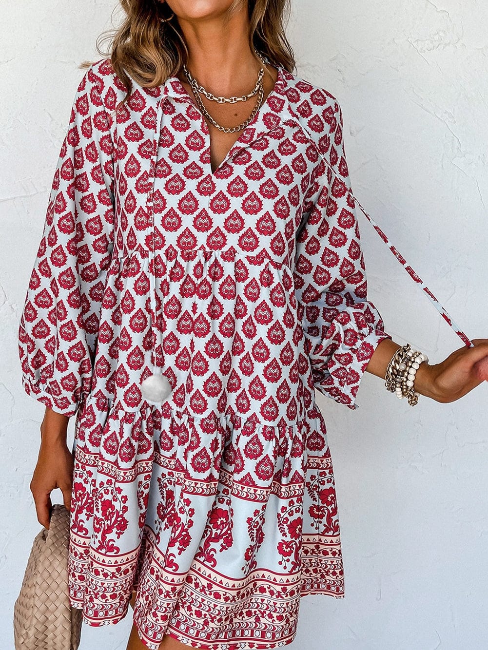 Bohemian Rose Red Tassel Trim V-Neck Puff Sleeve Shift Dress