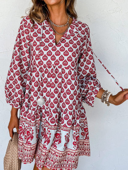 Bohemian Rose Red Tassel Trim V-Neck Puff Sleeve Shift Dress