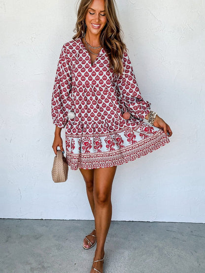 Bohemian Rose Red Tassel Trim V-Neck Puff Sleeve Shift Dress