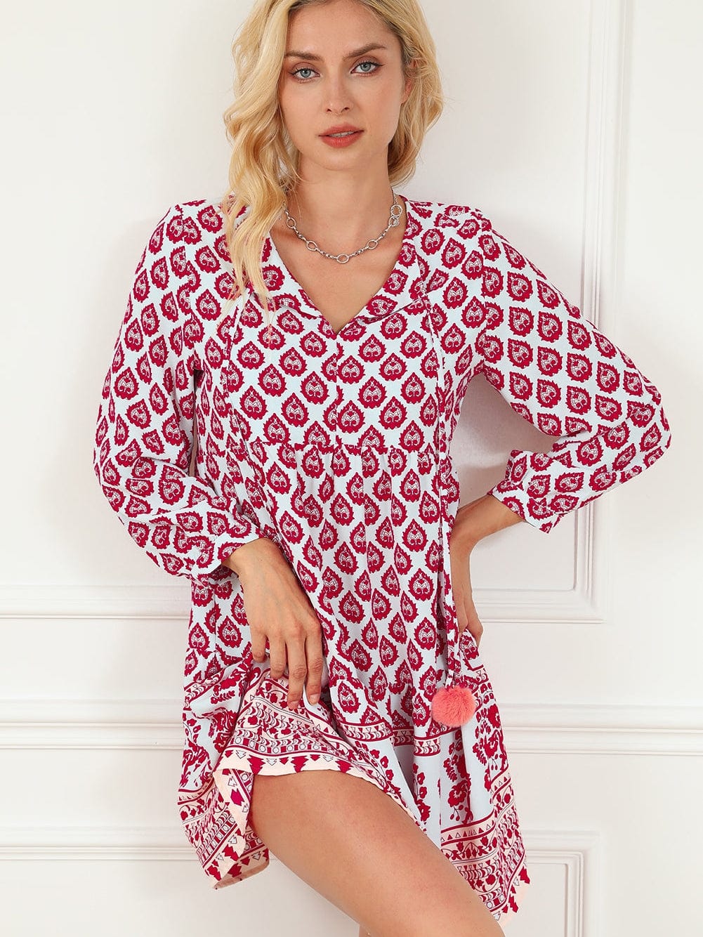 Bohemian Rose Red Tassel Trim V-Neck Puff Sleeve Shift Dress