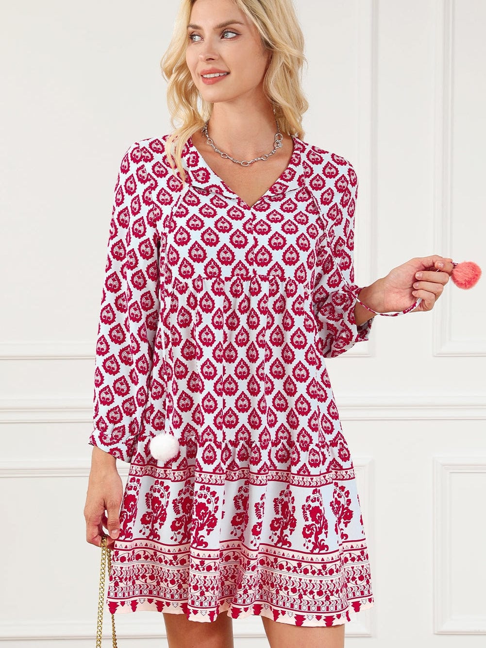 Bohemian Rose Red Tassel Trim V-Neck Puff Sleeve Shift Dress