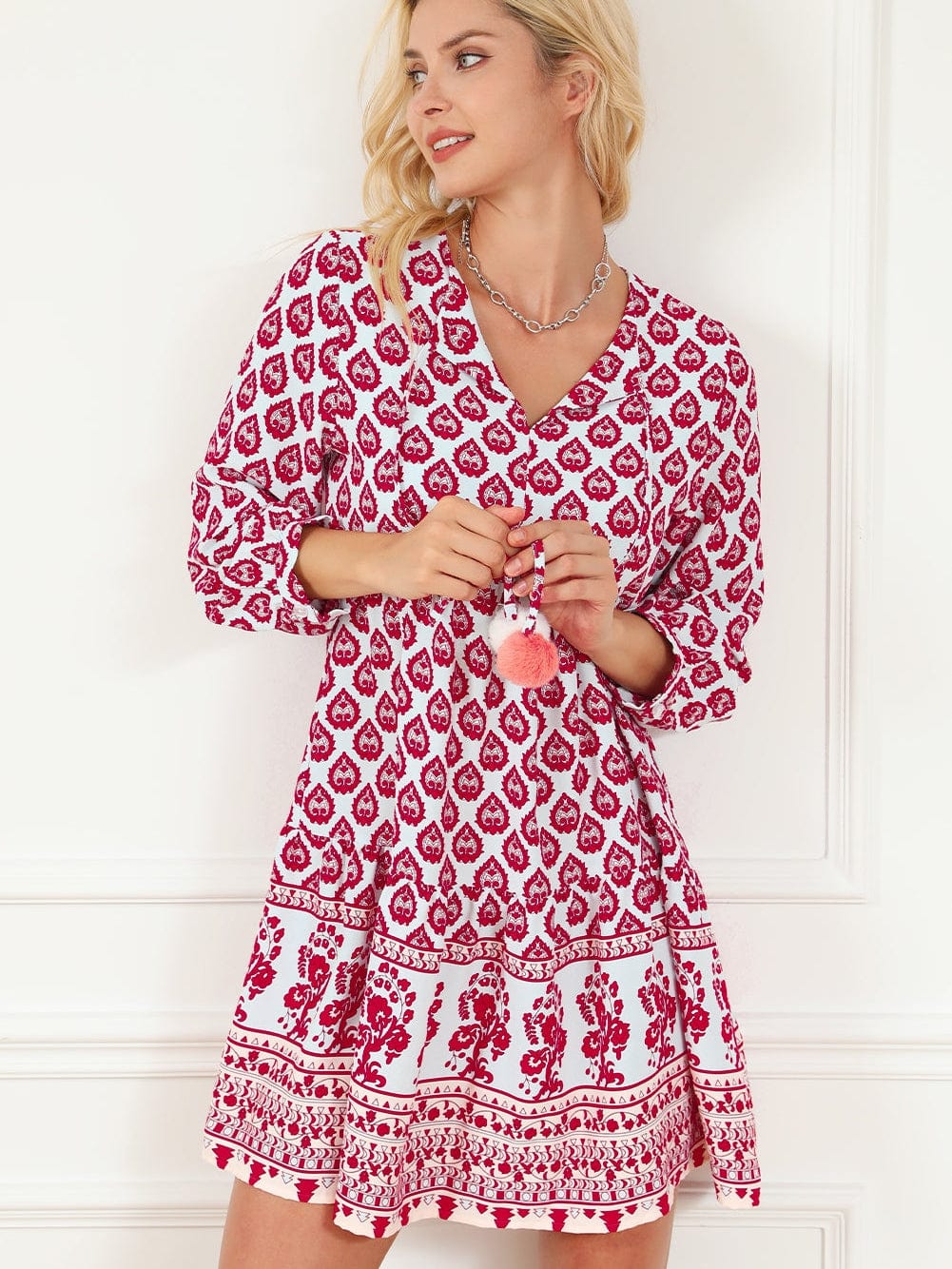 Bohemian Rose Red Tassel Trim V-Neck Puff Sleeve Shift Dress