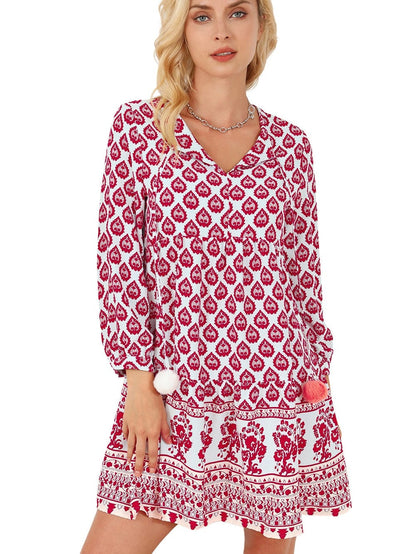 Bohemian Rose Red Tassel Trim V-Neck Puff Sleeve Shift Dress