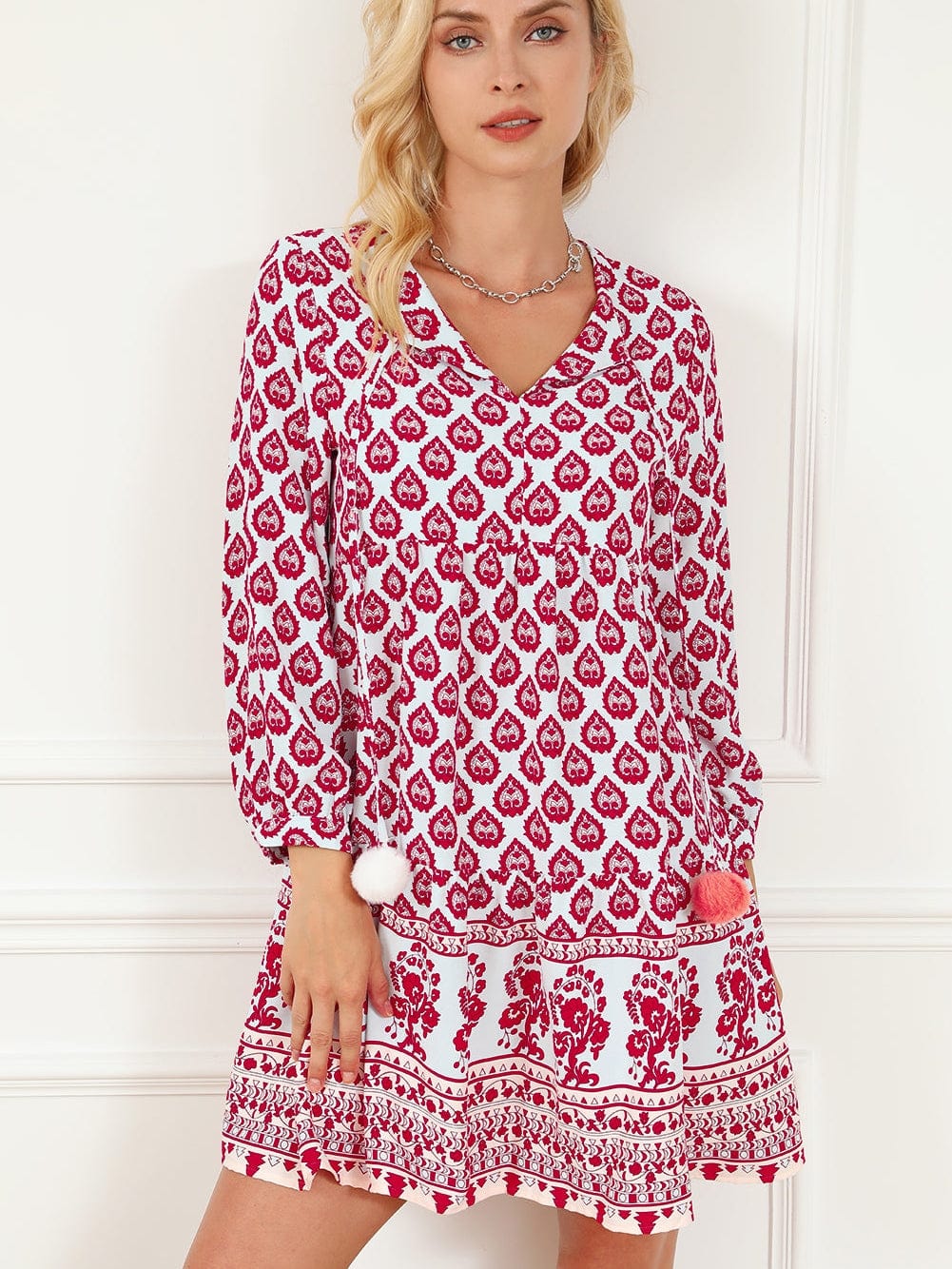 Bohemian Rose Red Tassel Trim V-Neck Puff Sleeve Shift Dress