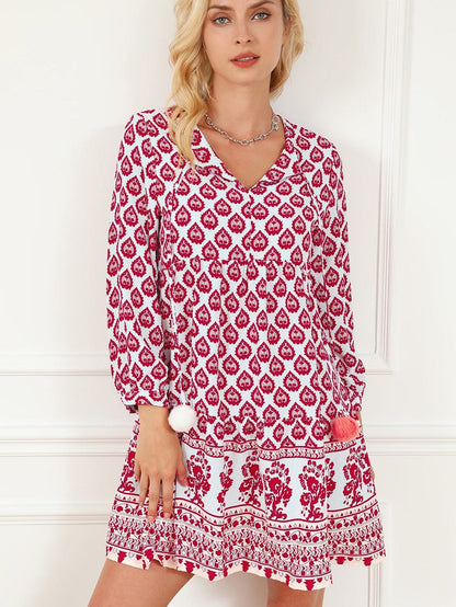 Bohemian Rose Red Tassel Trim V-Neck Puff Sleeve Shift Dress